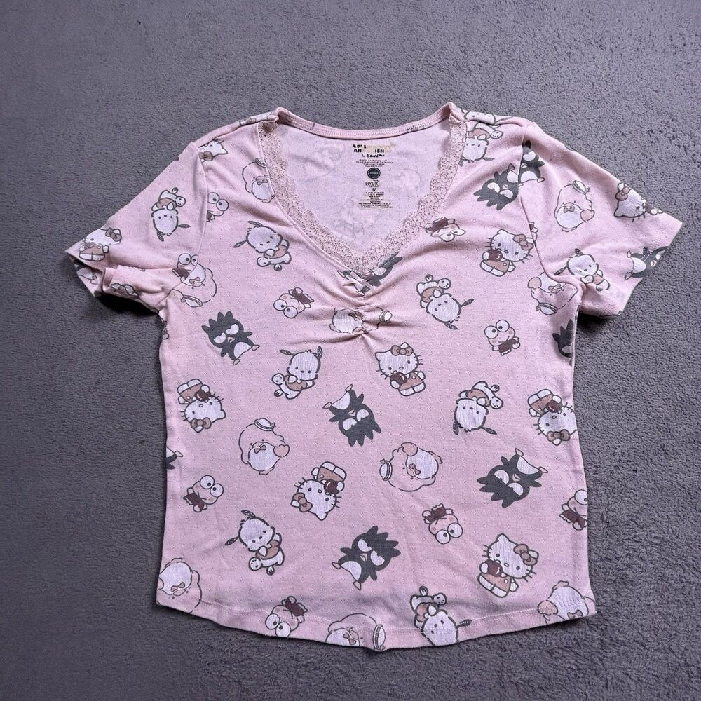 Sanrio Hello Kitty Top Womens Medium Pink All Over Print Lace V-Neck Cinch